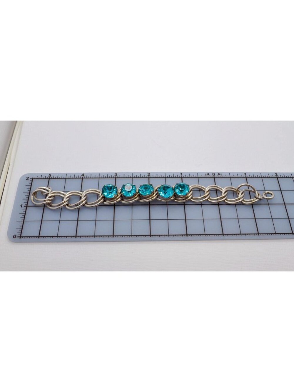 Vintage Aquamarine Rhinestone Bracelet Silver Tone Link Bracelet - Picture 4 of 5